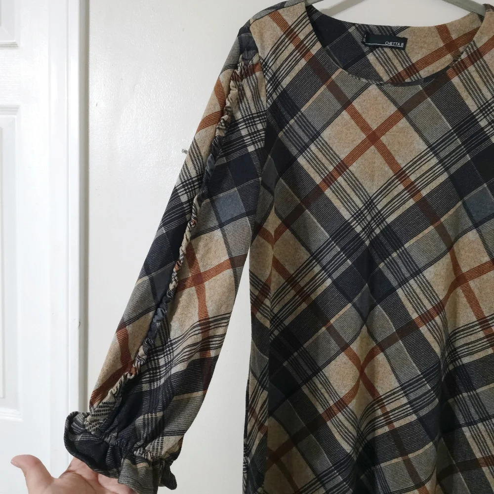 CHETTA B Bias Plaid 3/4 Sleeve Mini Knit Dress, Ruffle Details, Size M - Picture 7 of 15